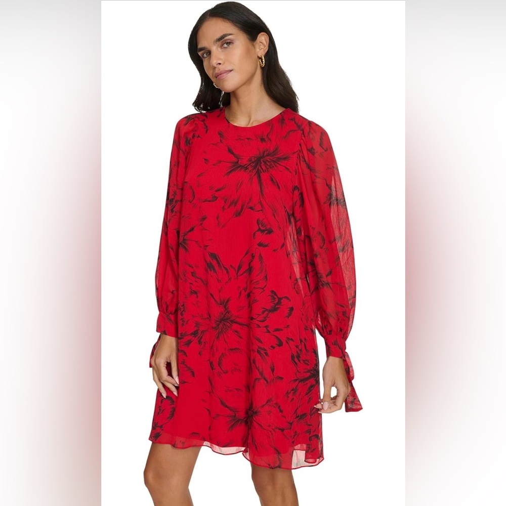 Calvin Klein Red and Black Floral Long Sleeve Dress